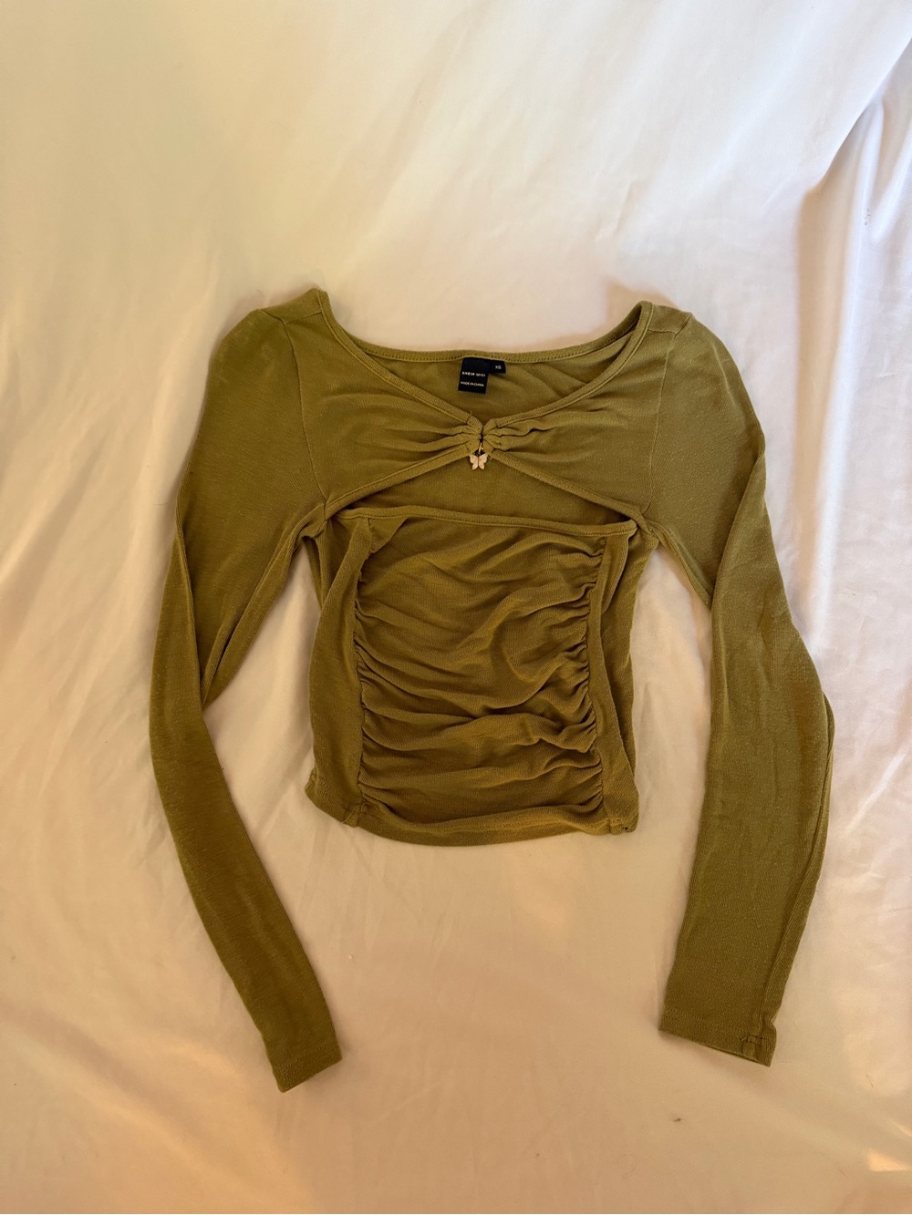 SHEIN Olive Green Ruched Twist-Front Long Sleeve Top
